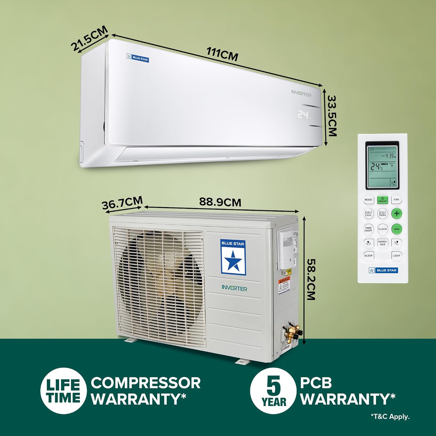 blue star 2 ton 3 star, inverter split ac (copper, convertible 5 in 1 cooling, auto defrost, dust filters, blue fins, white) blue star 2 ton 3 star, inverter split ac (copper, convertible 5 in 1 cooling, auto defrost, dust filters, blue fins, white)