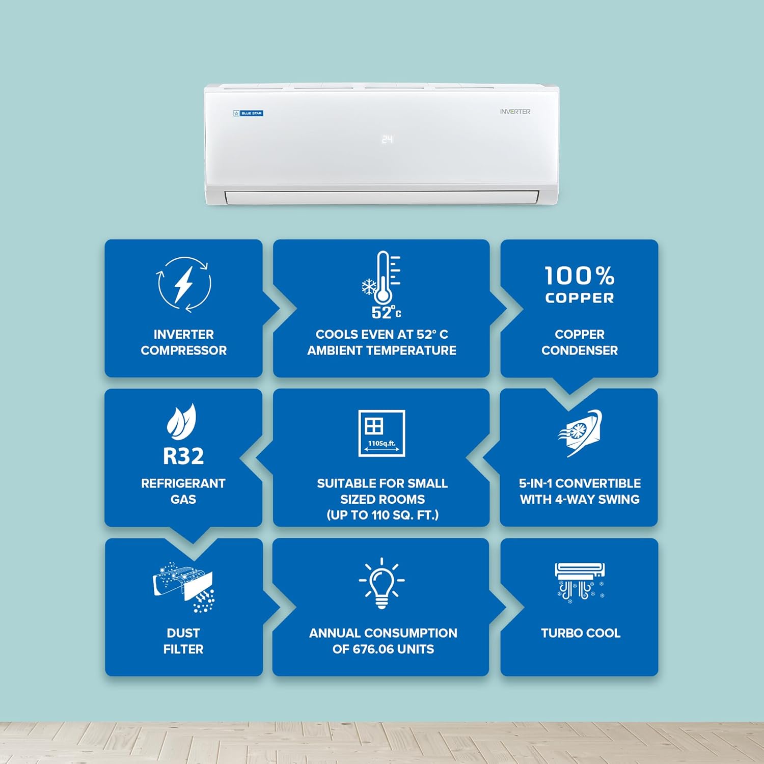 blue star 1 ton 3 star,inverter split ac (copper, convertible 5 in 1 cooling, digiq hepta sensor,blue fins, self diagnosis, white) blue star 1 ton 3 star,inverter split ac (copper, convertible 5 in 1 cooling, digiq hepta sensor,blue fins, self diagnosis, white)