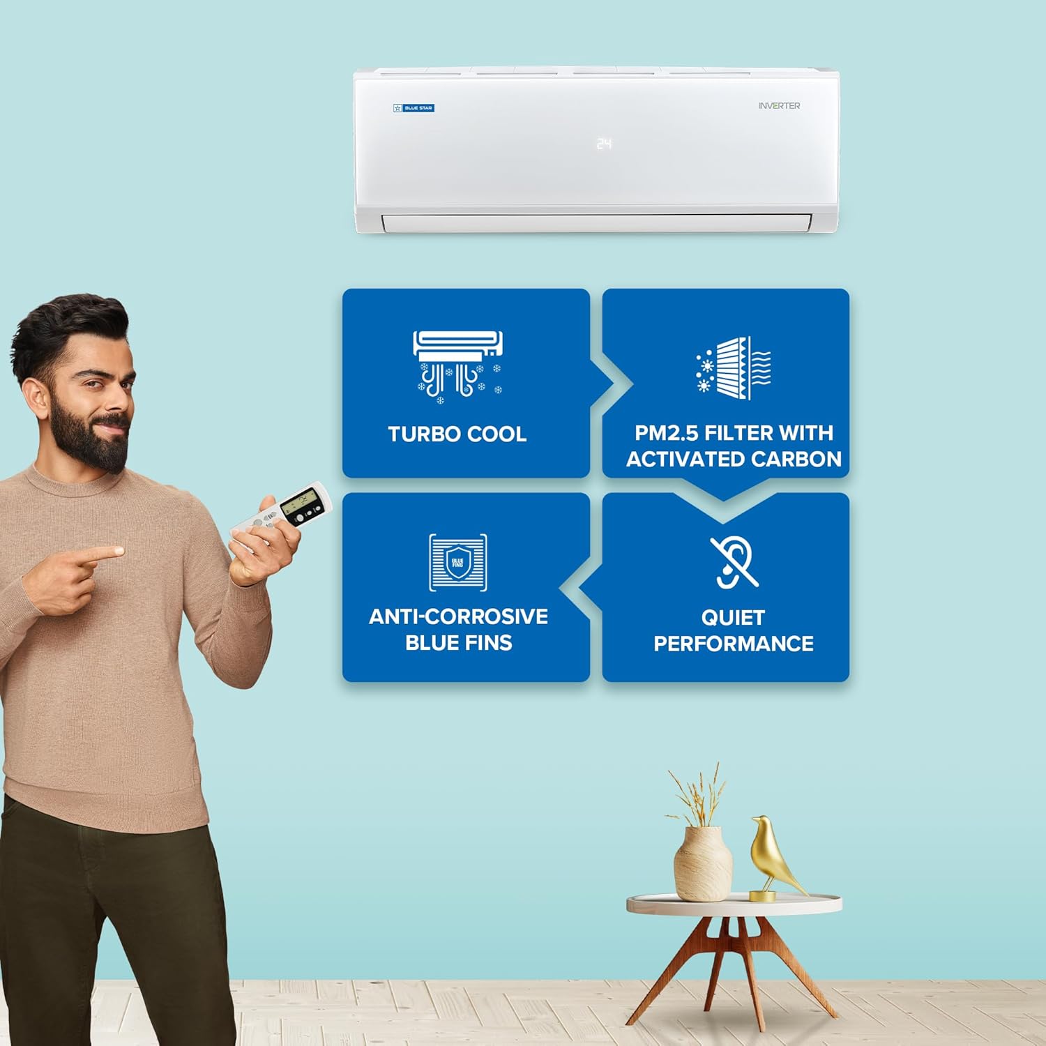 blue star 1 ton 3 star,inverter split ac (copper, convertible 5 in 1 cooling, digiq hepta sensor,blue fins, self diagnosis, white) blue star 1 ton 3 star,inverter split ac (copper, convertible 5 in 1 cooling, digiq hepta sensor,blue fins, self diagnosis, white)